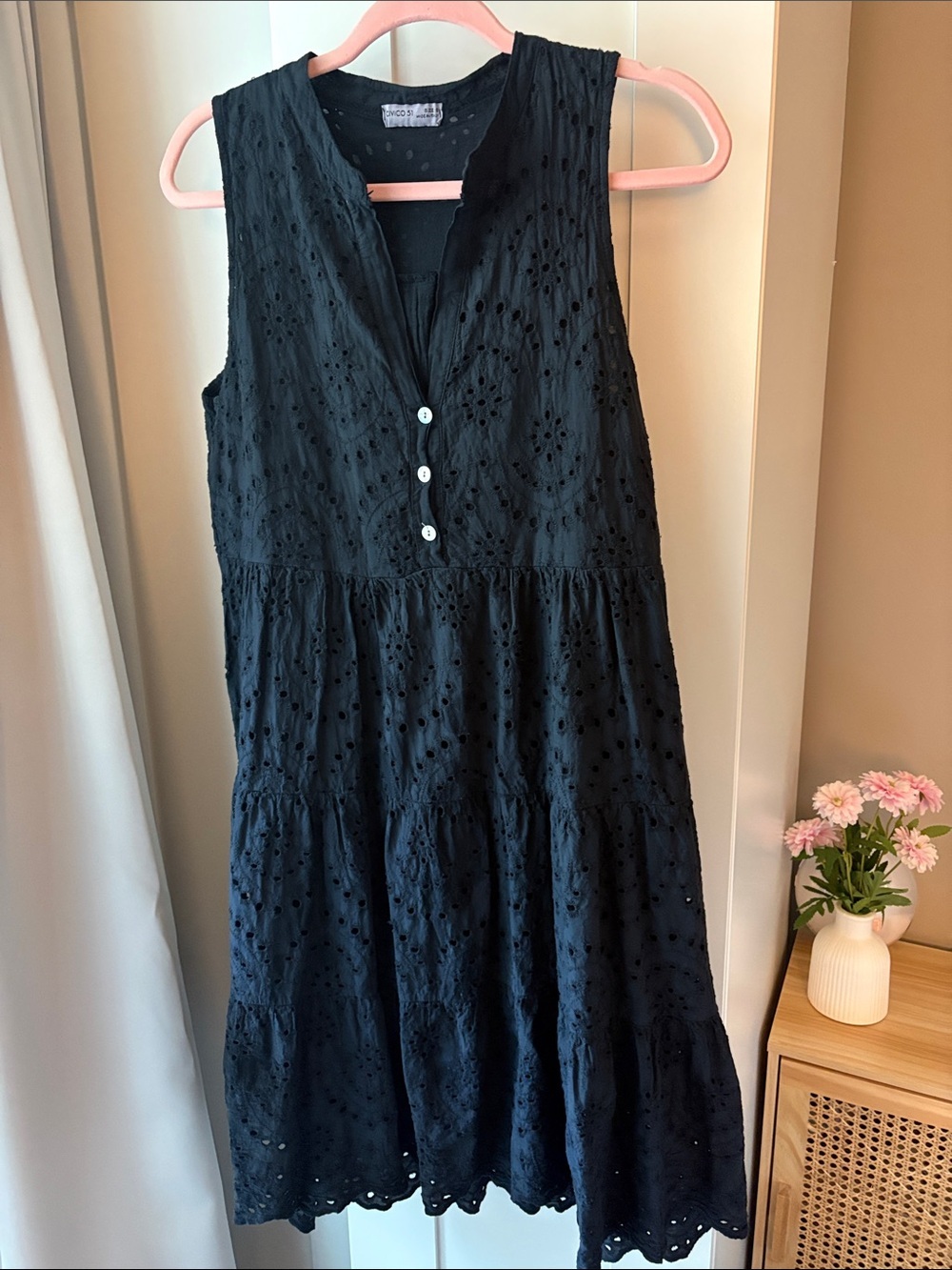 Sleeveless Black Eyelet Tiered Mini Dress